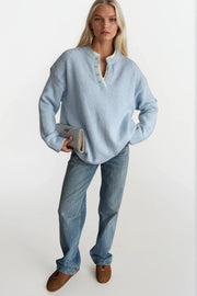 Button Detail Basic Blue Knit Sweater
