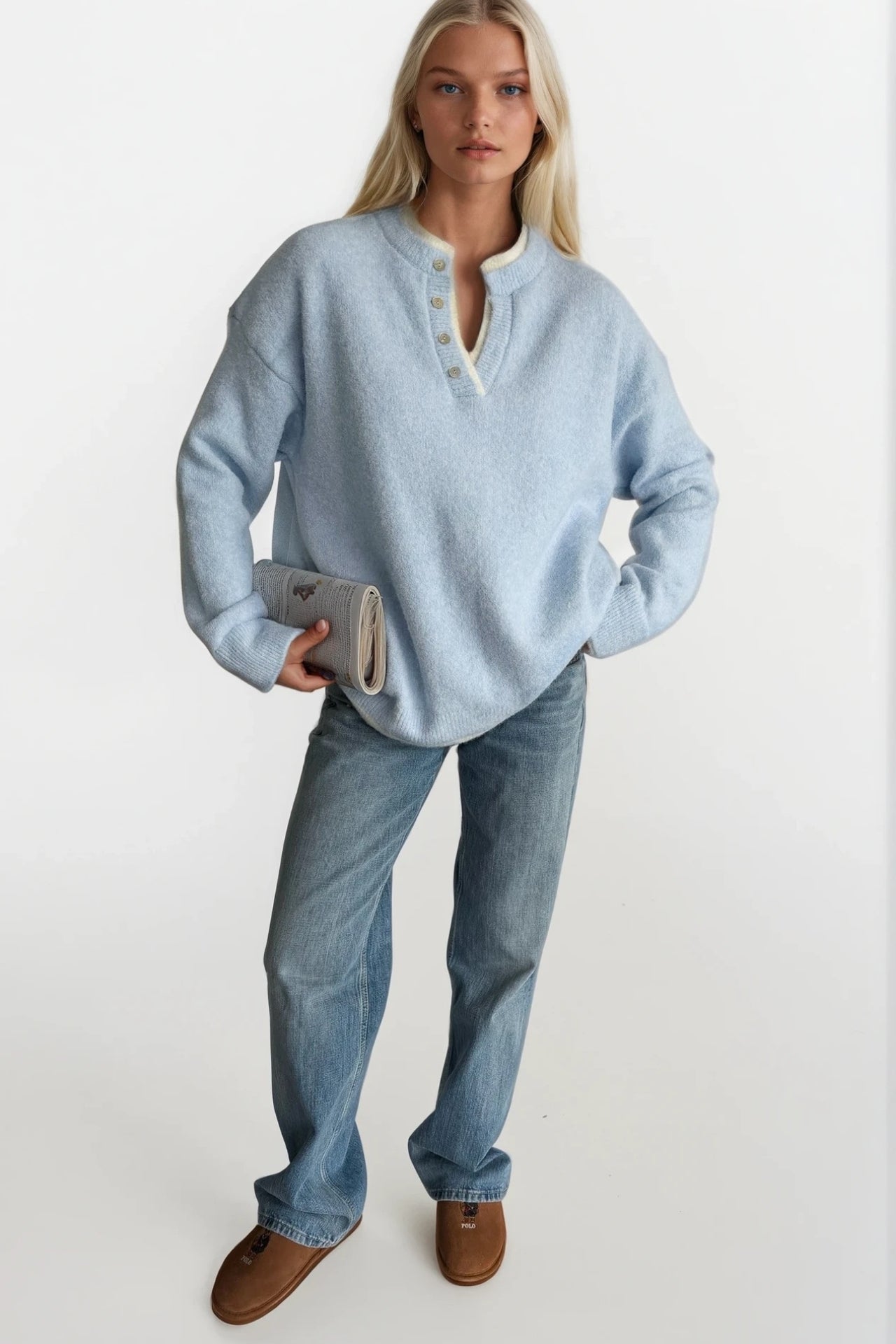 Button Detail Basic Blue Knit Sweater