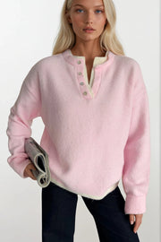 Button Detail Basic Pink Knit Sweater