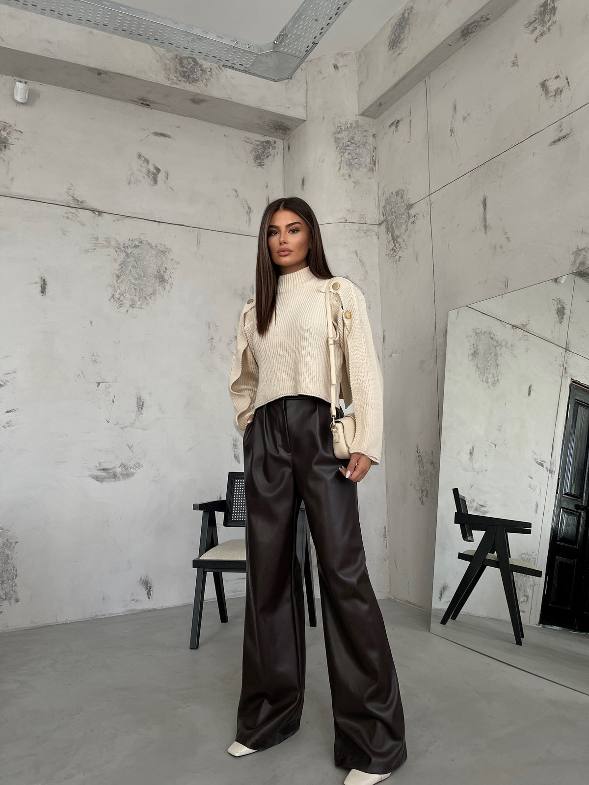 Button Detail Beige Oversized Sweater