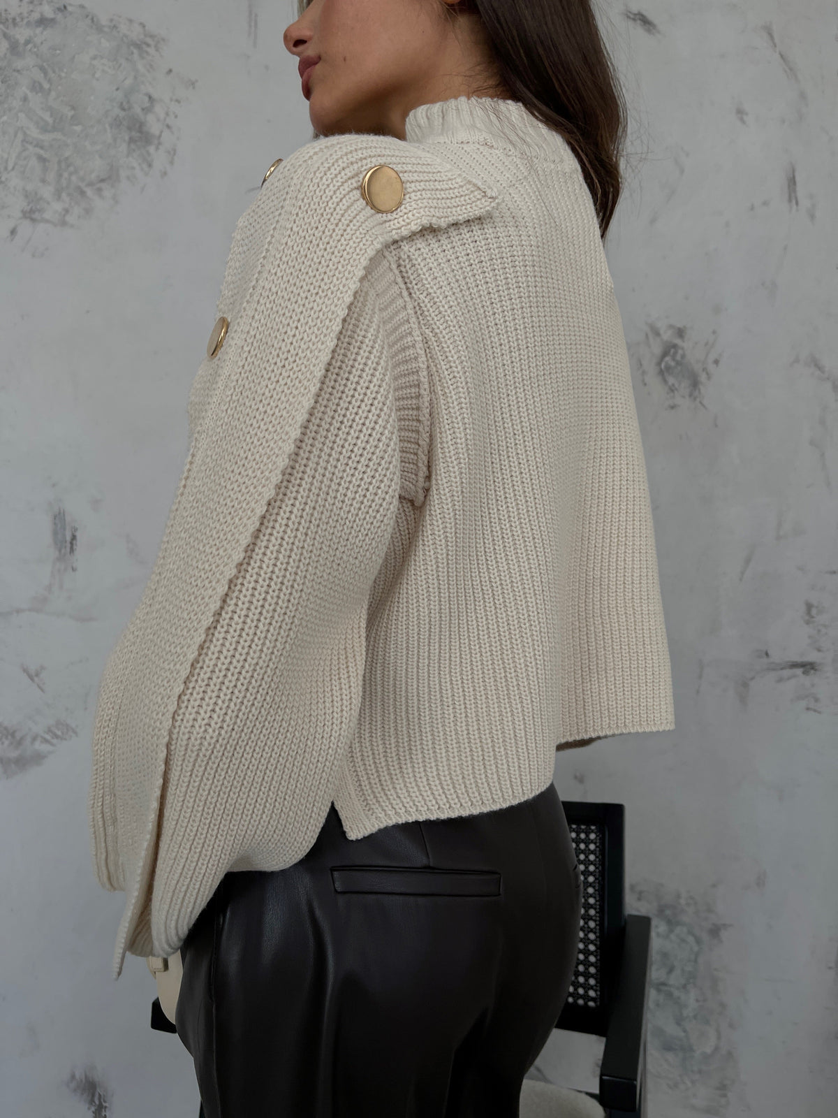 Button Detail Beige Oversized Sweater