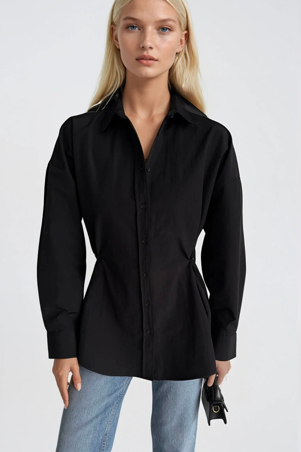 Button Detail Waist-Fitted Black Shirt