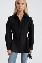 Button Detail Waist-Fitted Black Shirt