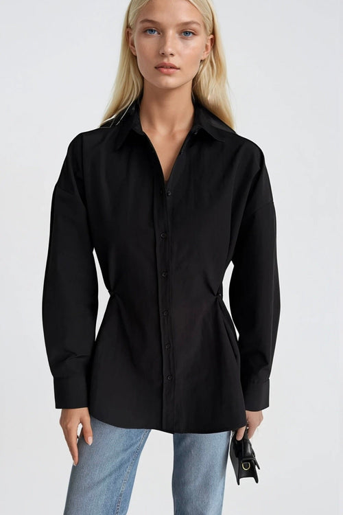Button Detail Waist-Fitted Black Shirt