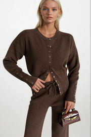Button Detail Fitted Waist Brown Knit Blouse and Pants Two-Piece Set