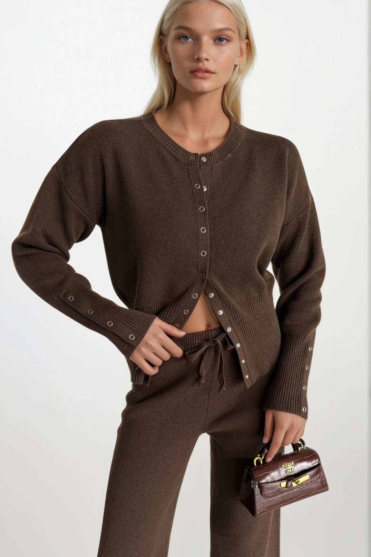 Button Detail Waist-Fitted Brown Knit Blouse Pants Two-Piece Set