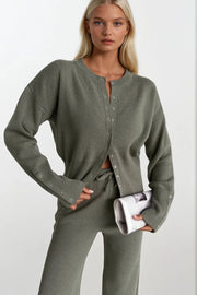 Button Detail Waist-Fitted Khaki Knit Blouse and Pants Two-Piece Set