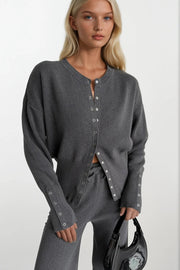 Anthracite Knit Blouse and Pants Set with Button Detail Waist