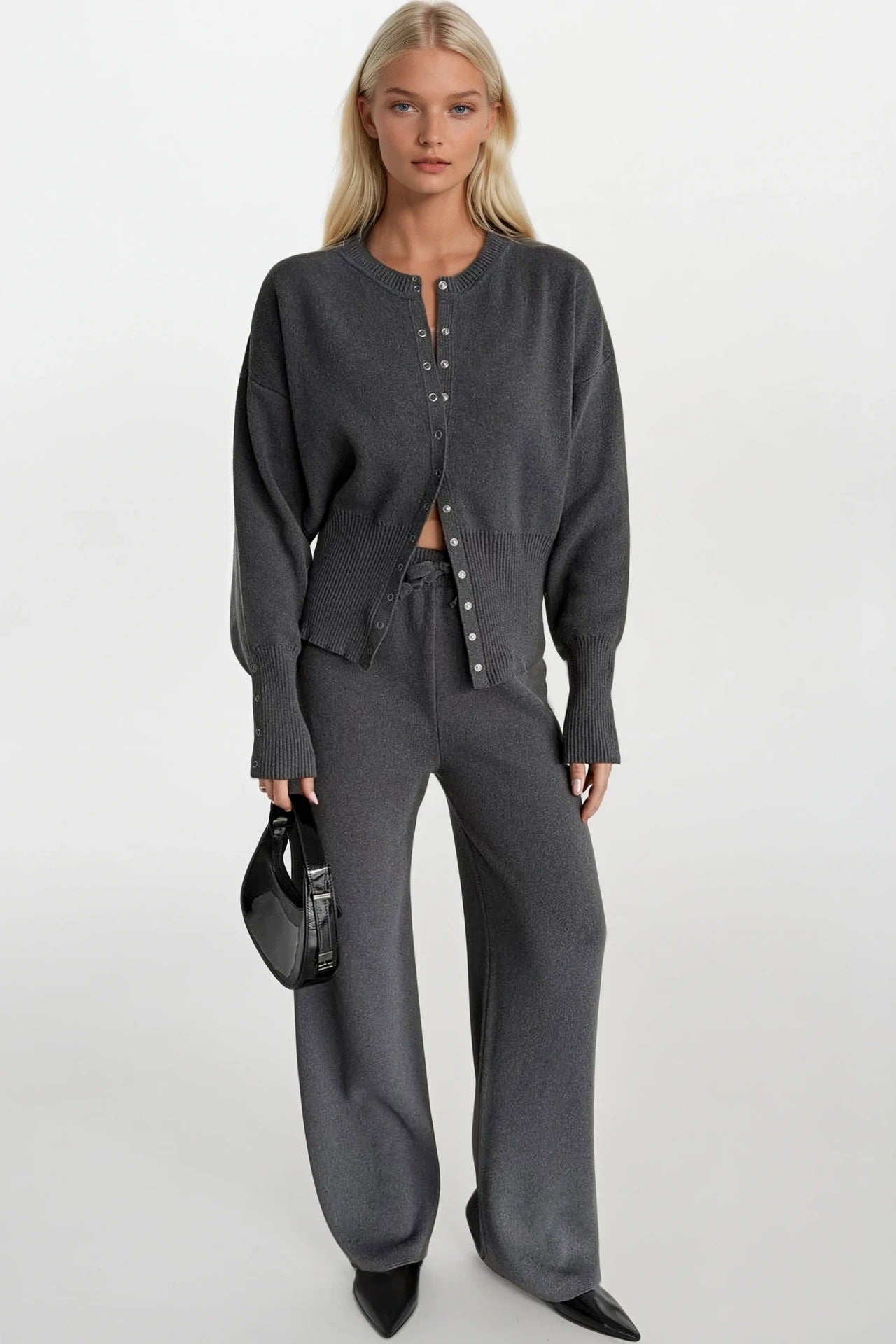 Button Detail Waist-Fitted Anthracite Knit Blouse Pants Two-Piece Set