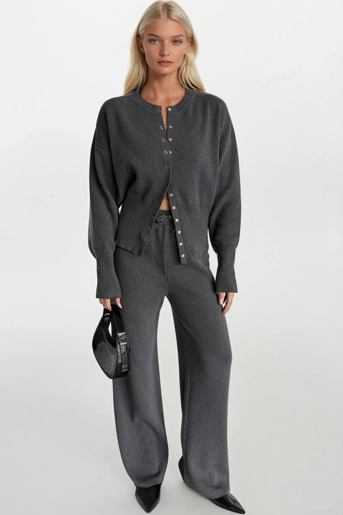 Button Detail Waist-Fitted Anthracite Knit Blouse Pants Two-Piece Set