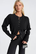 Button Detail Waist-Fitted Knit Blouse Pants Black Two-Piece Set