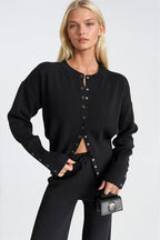 Button Detail Waist-Fitted Knit Blouse Pants Black Two-Piece Set