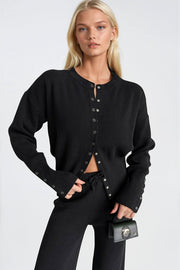 Button Detail Fitted Waist Knit Blouse Pants Black Two-Piece Set