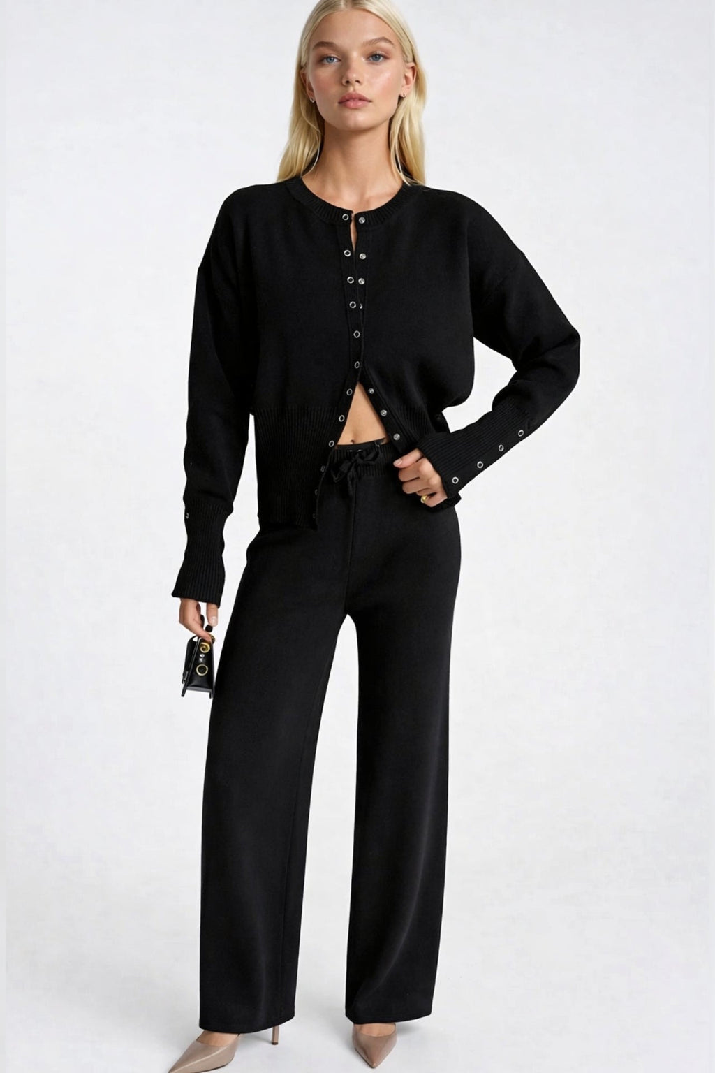 Button Detail Waist-Fitted Knit Blouse Pants Black Two-Piece Set