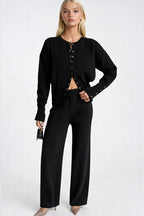 Button Detail Waist-Fitted Knit Blouse Pants Black Two-Piece Set