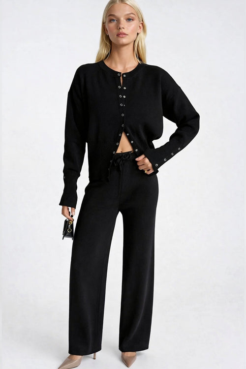 Button Detail Waist-Fitted Knit Blouse Pants Black Two-Piece Set