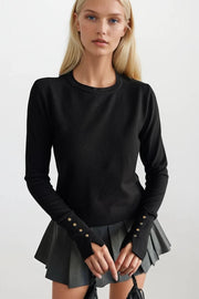 Black Blouse with Button Detail and Crew Neck