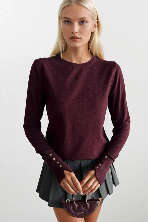 Button Detail Crew Neck Burgundy Blouse