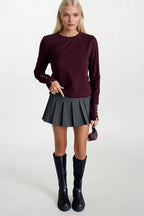 Button Detail Crew Neck Burgundy Blouse