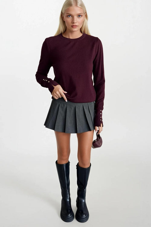 Button Detail Crew Neck Burgundy Blouse