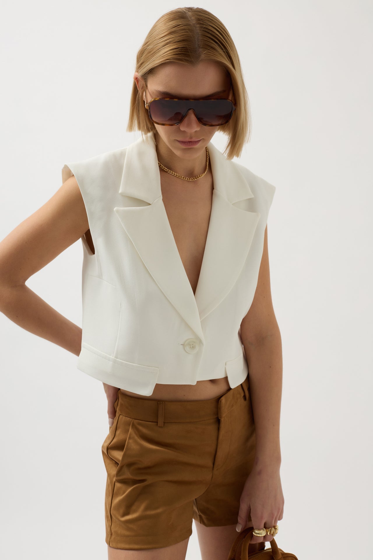 Button Detail Pocket White Vest