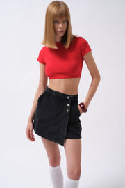 Button Detail Denim Mini Black Skirt