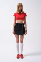 Button Detail Denim Mini Black Skirt