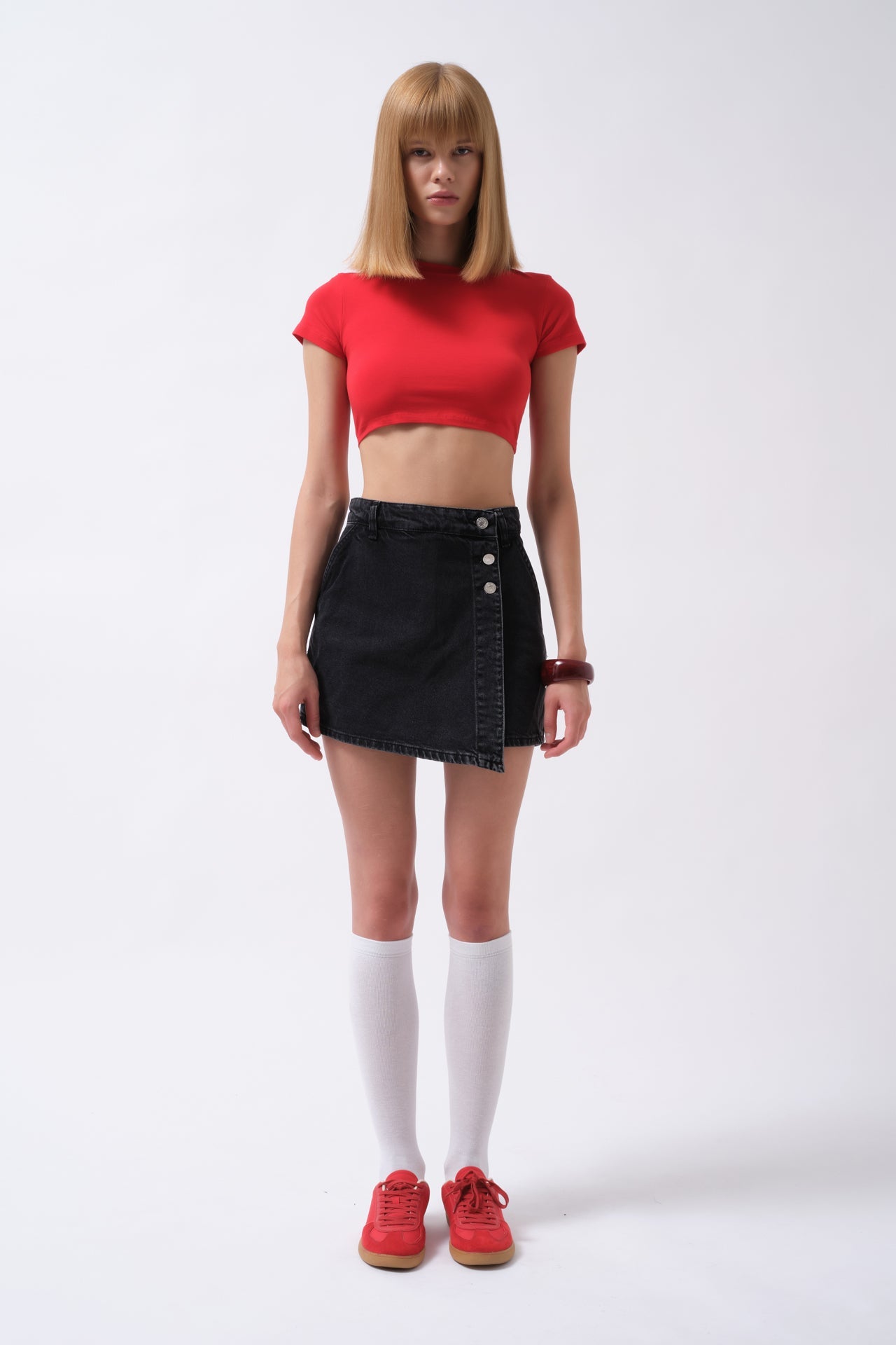 Button Detail Denim Mini Black Skirt