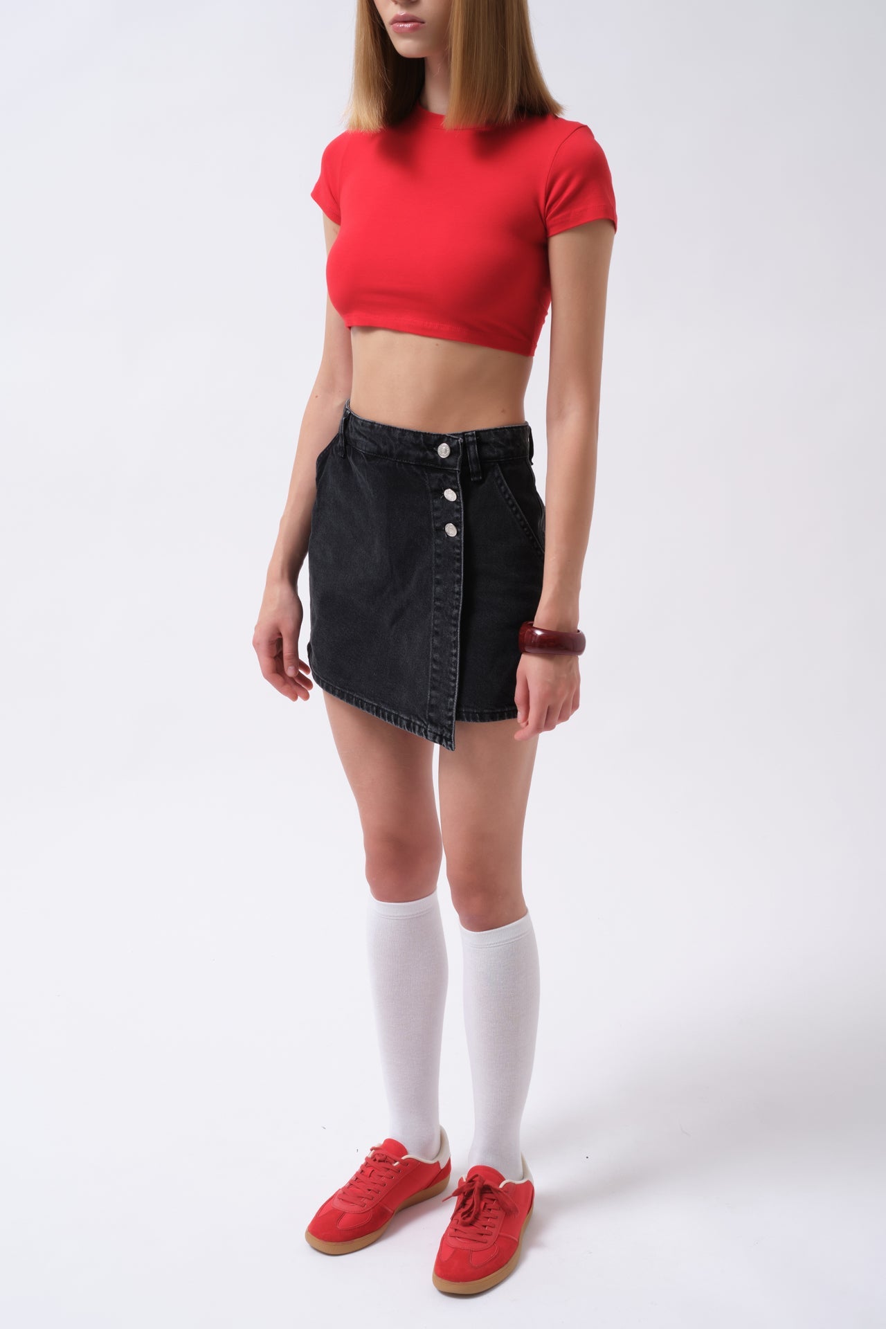 Button Detail Denim Mini Black Skirt