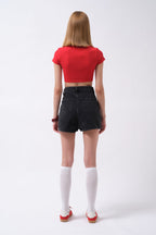 Button Detail Denim Mini Black Skirt
