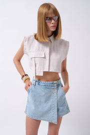 Button Detail Denim Mini Blue Skirt