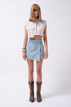 Button Detail Denim Mini Blue Skirt