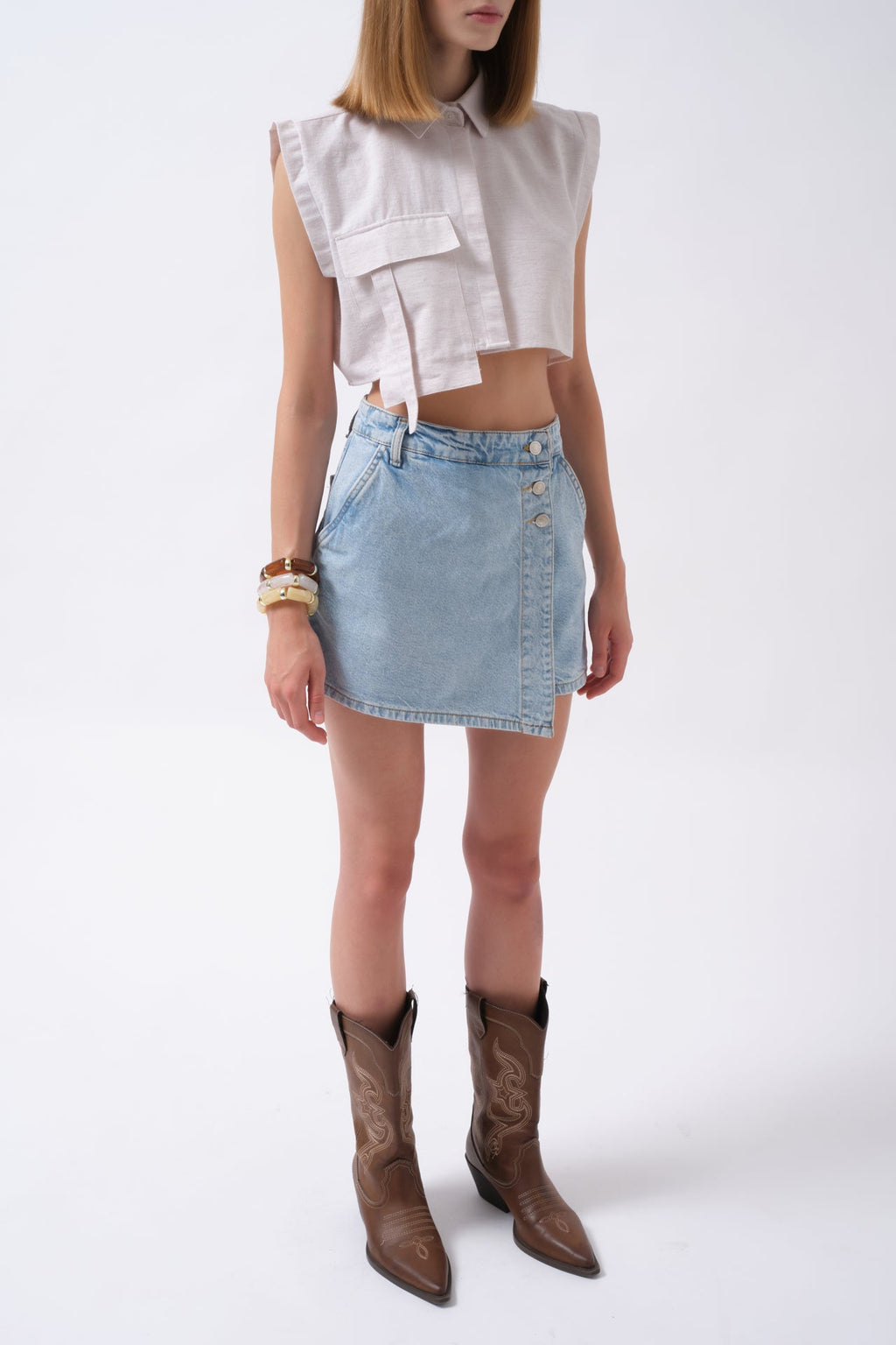 Button Detail Denim Mini Blue Skirt
