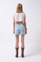 Button Detail Denim Mini Blue Skirt