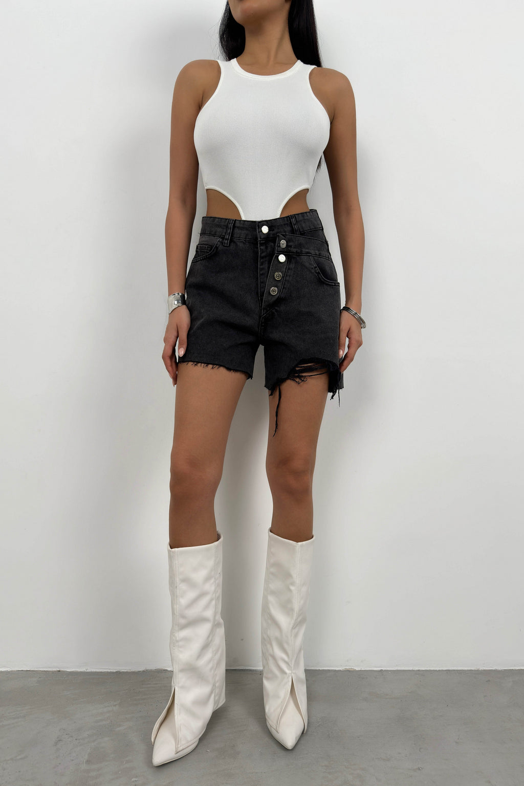 Button Detail Black Denim Shorts