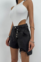 Button Detail Black Denim Shorts