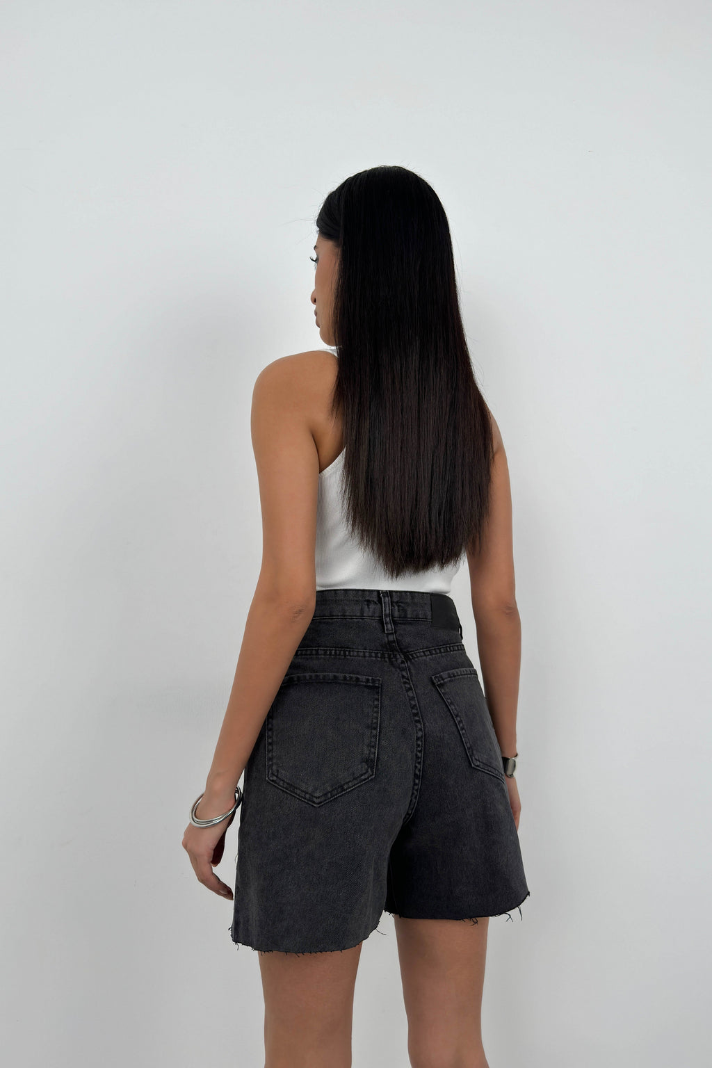 Button Detail Black Denim Shorts