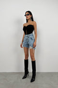 Button Detail Blue Denim Shorts