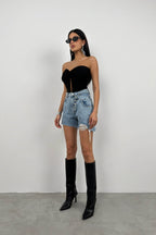 Button Detail Blue Denim Shorts