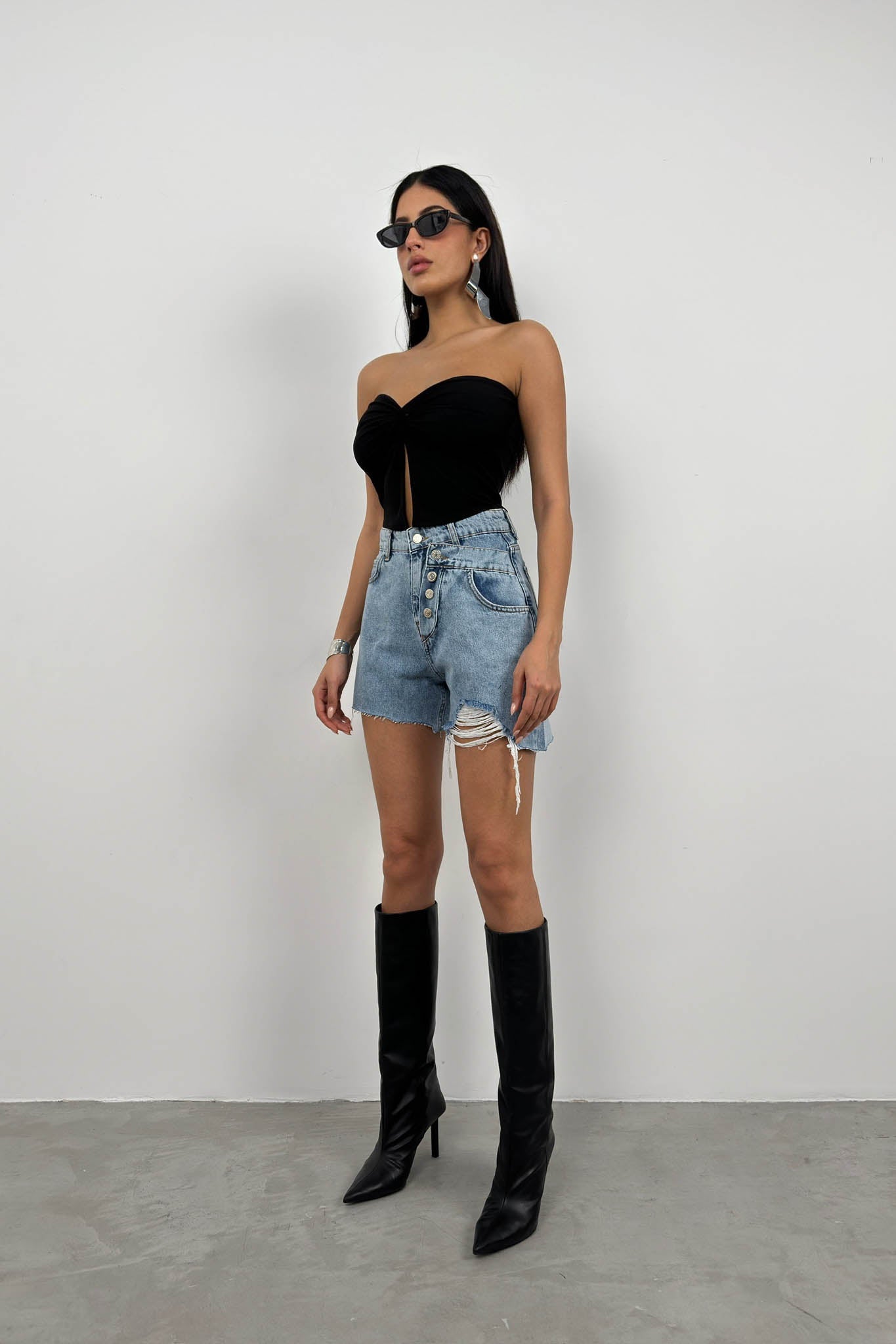 Button Detail Blue Denim Shorts