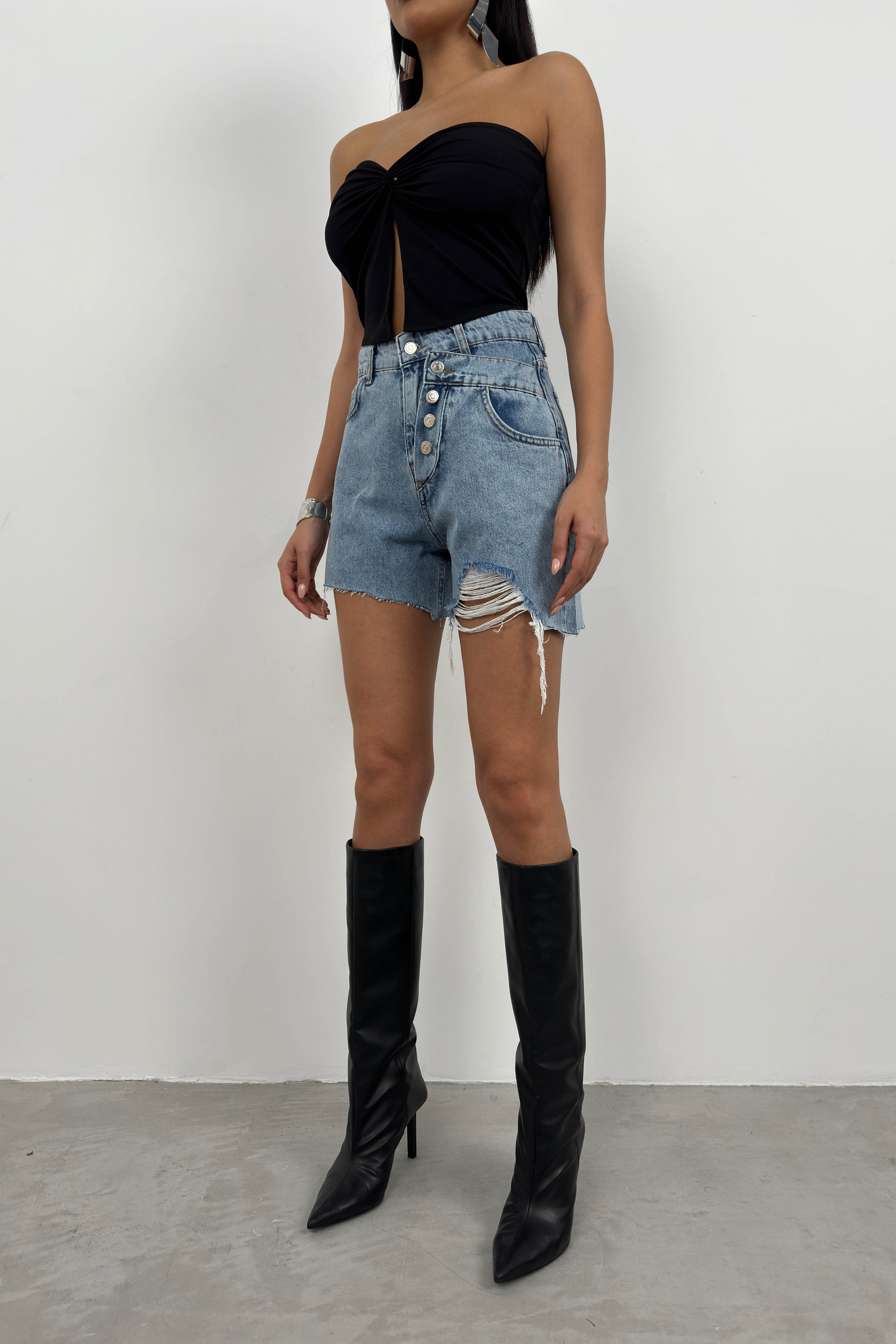 Button Detail Blue Denim Shorts