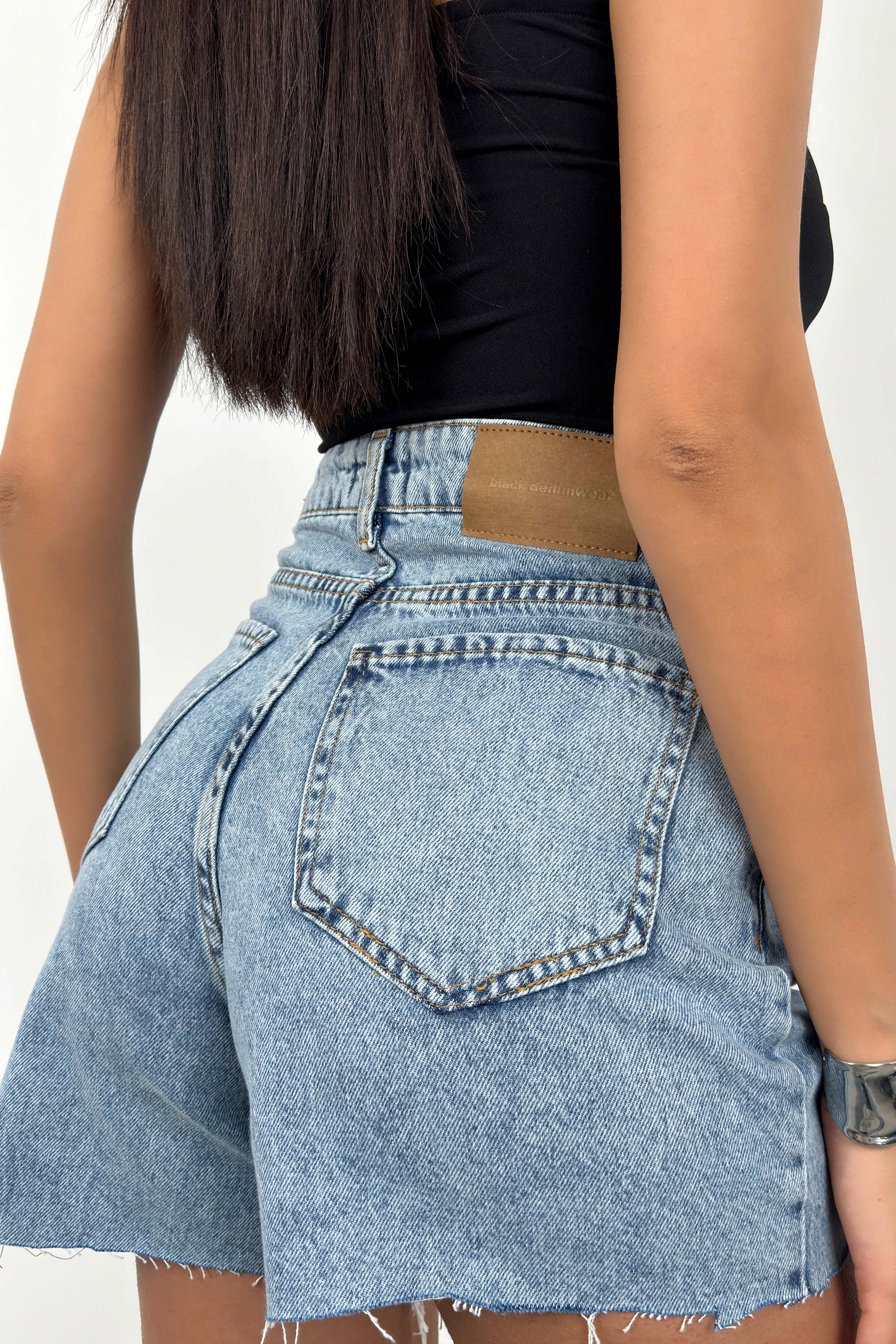 Button Detail Blue Denim Shorts