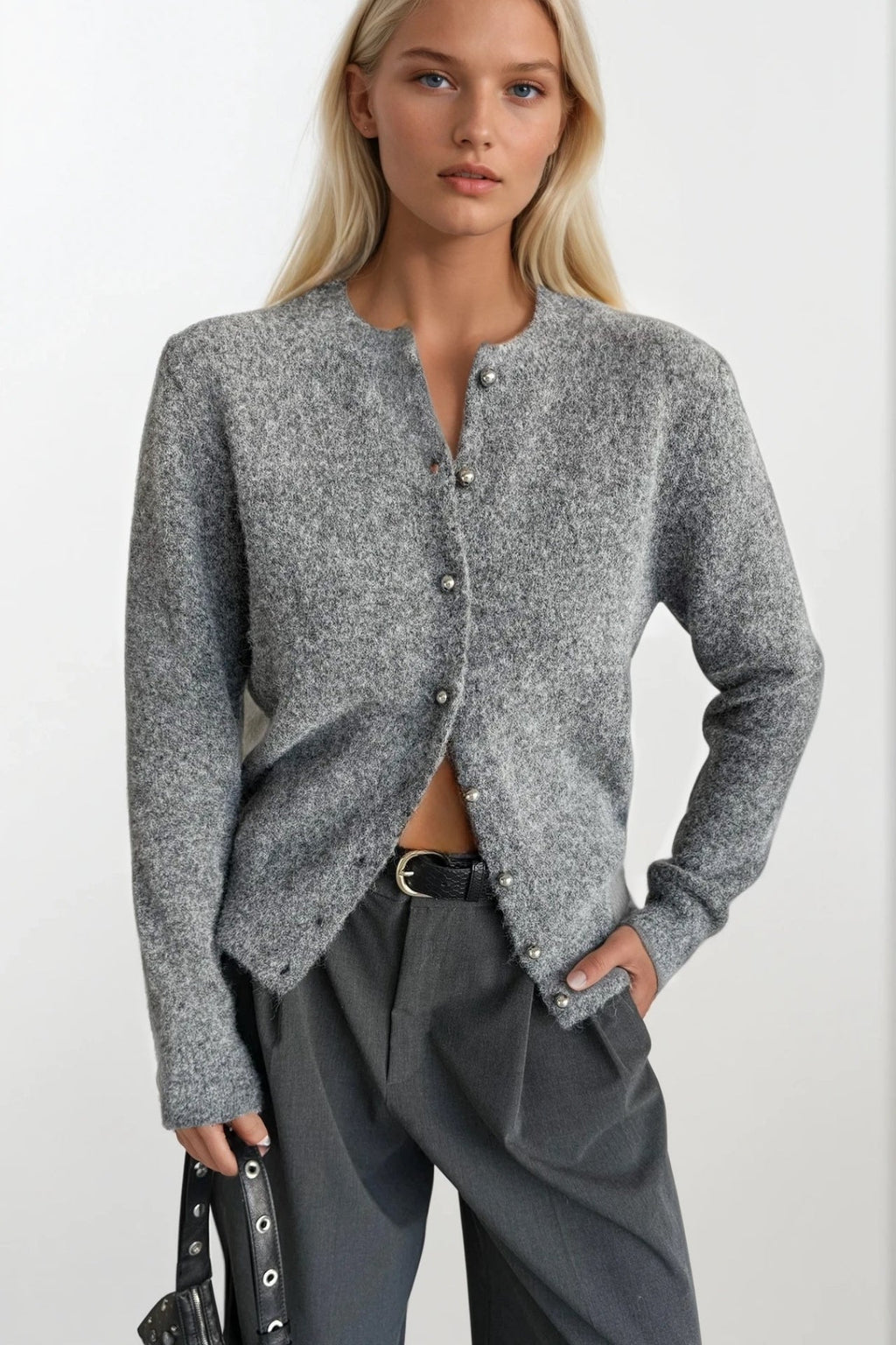 Button Detail Gray Textured Knit Cardigan