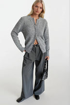 Button Detail Gray Textured Knit Cardigan