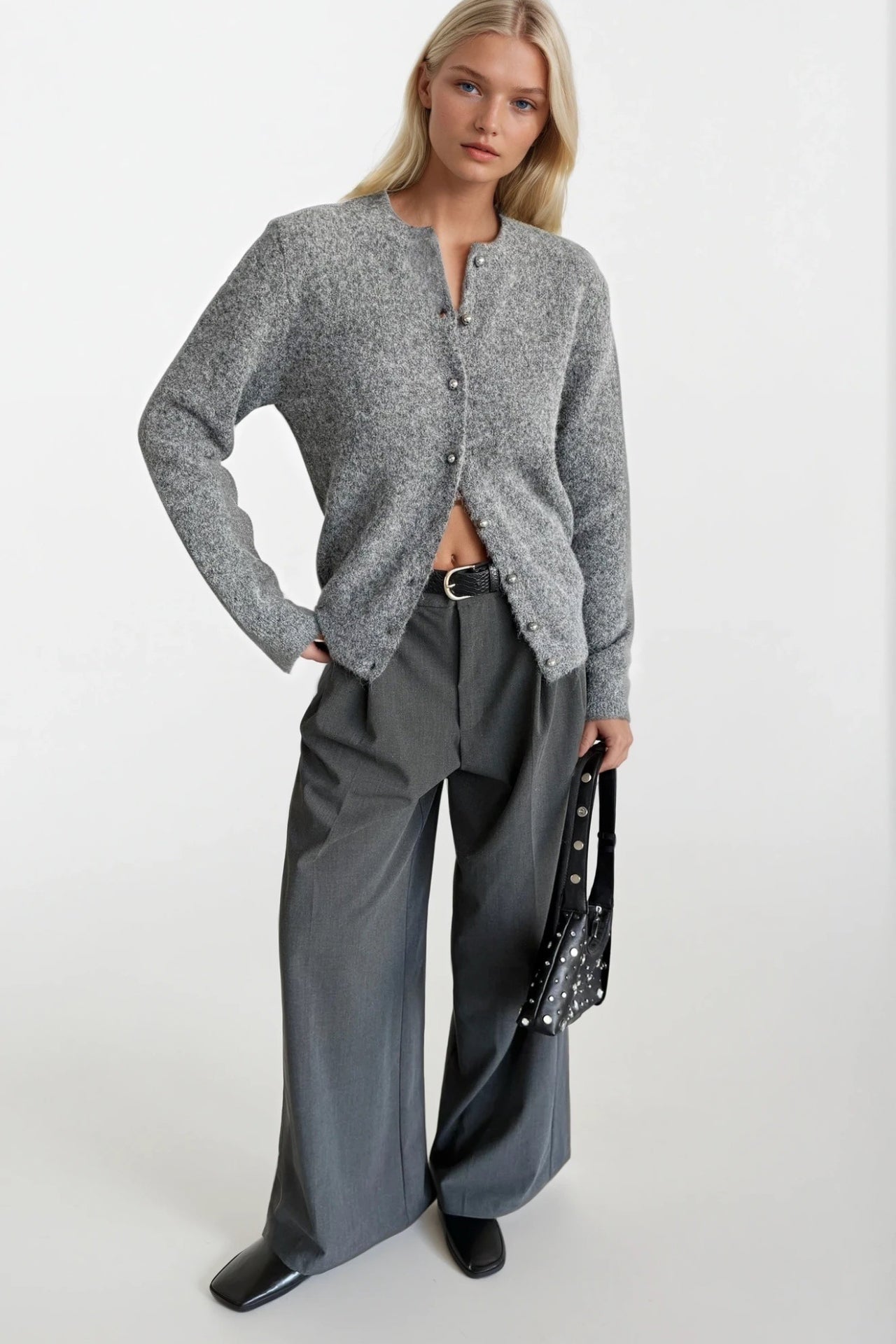 Button Detail Gray Textured Knit Cardigan
