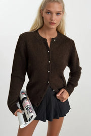 Button-Detail Brown Textured Knit Cardigan