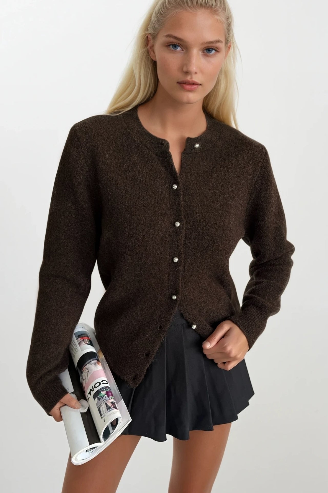 Button Detail Brown Textured Knit Cardigan