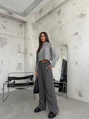 Button Detail Gray Oversized Sweater