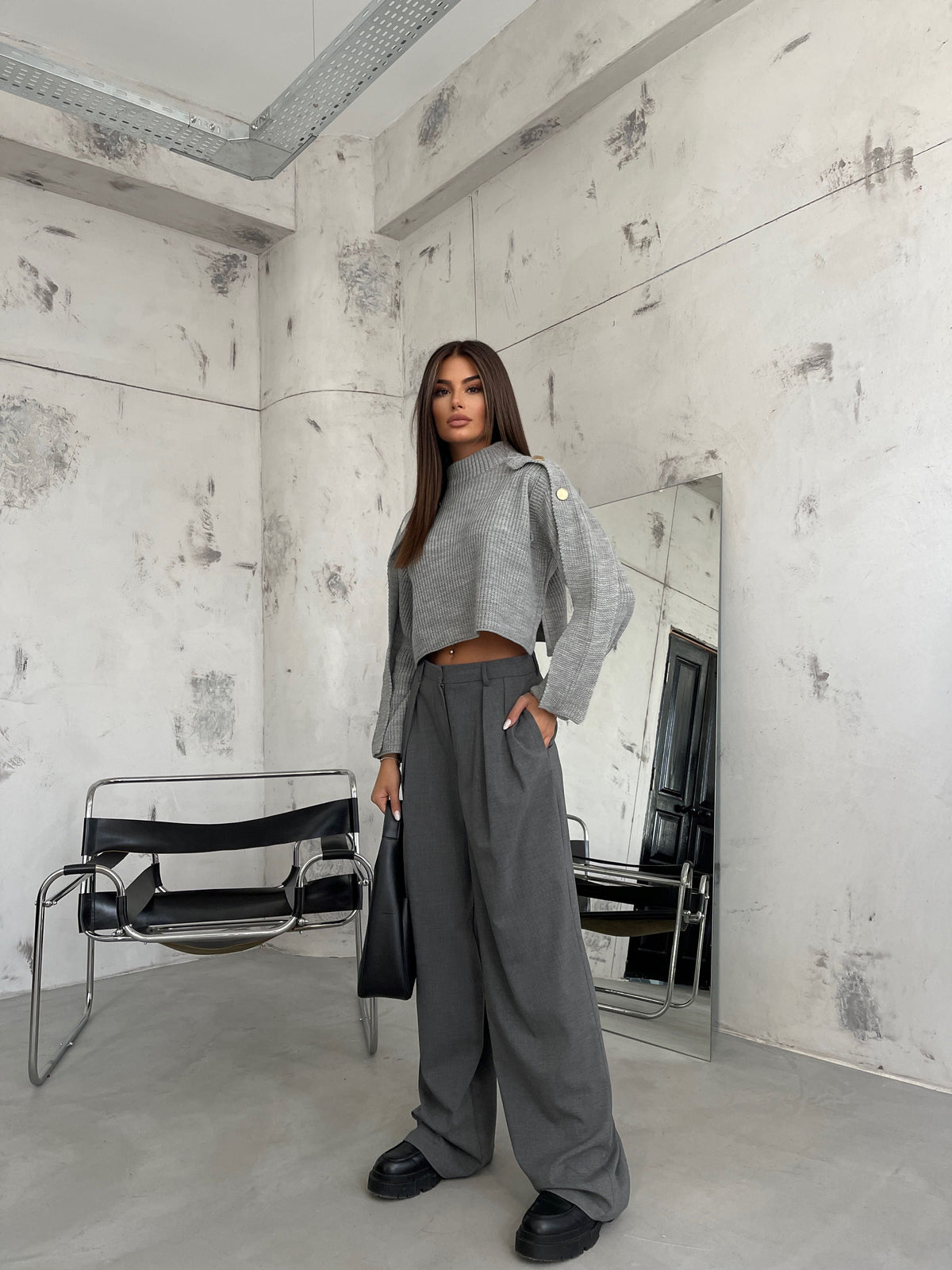 Button Detail Gray Oversized Sweater
