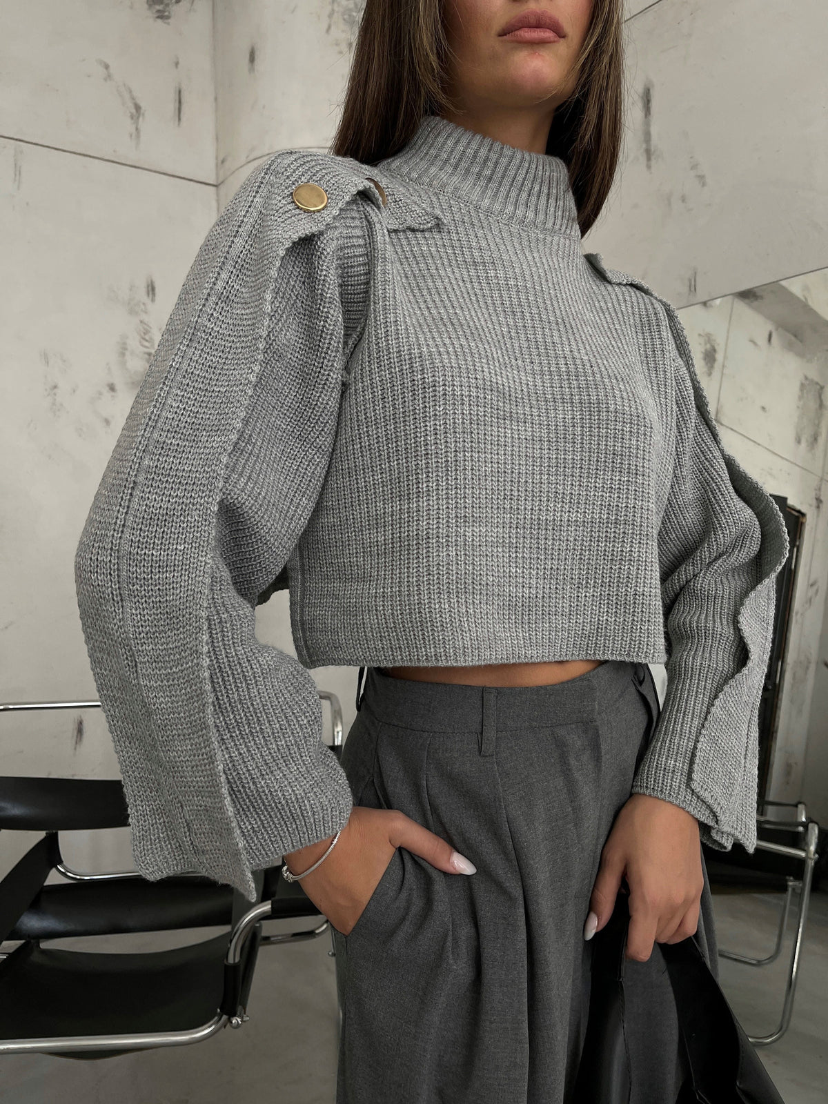 Button Detail Gray Oversized Sweater